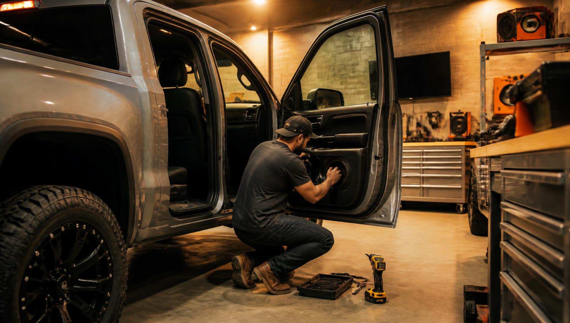 Installer fitting a speaker in a pickup truck door at Mike's Car Toys in Chatham