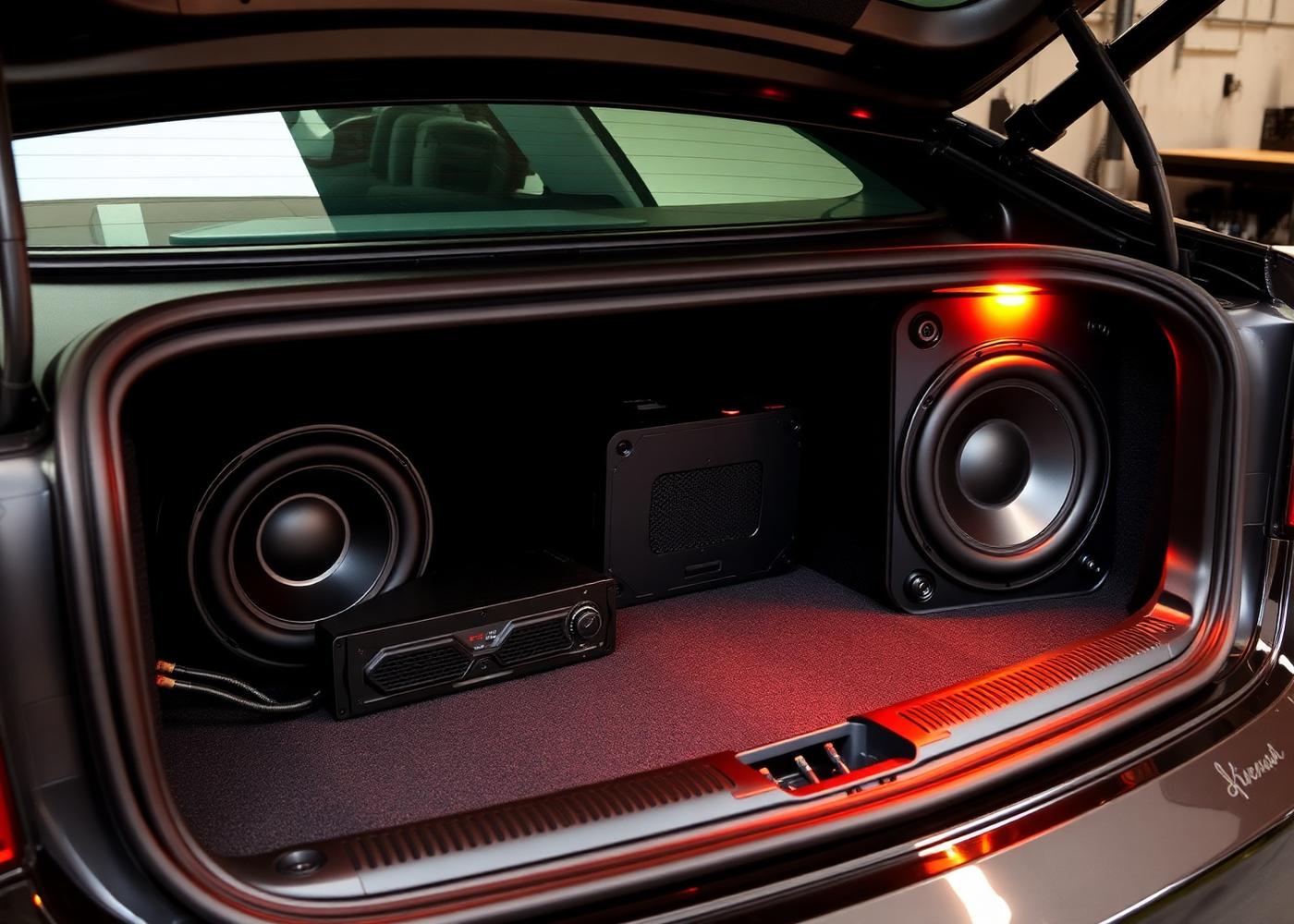 Amplifier and subwoofer enclosure installed in a car trunk