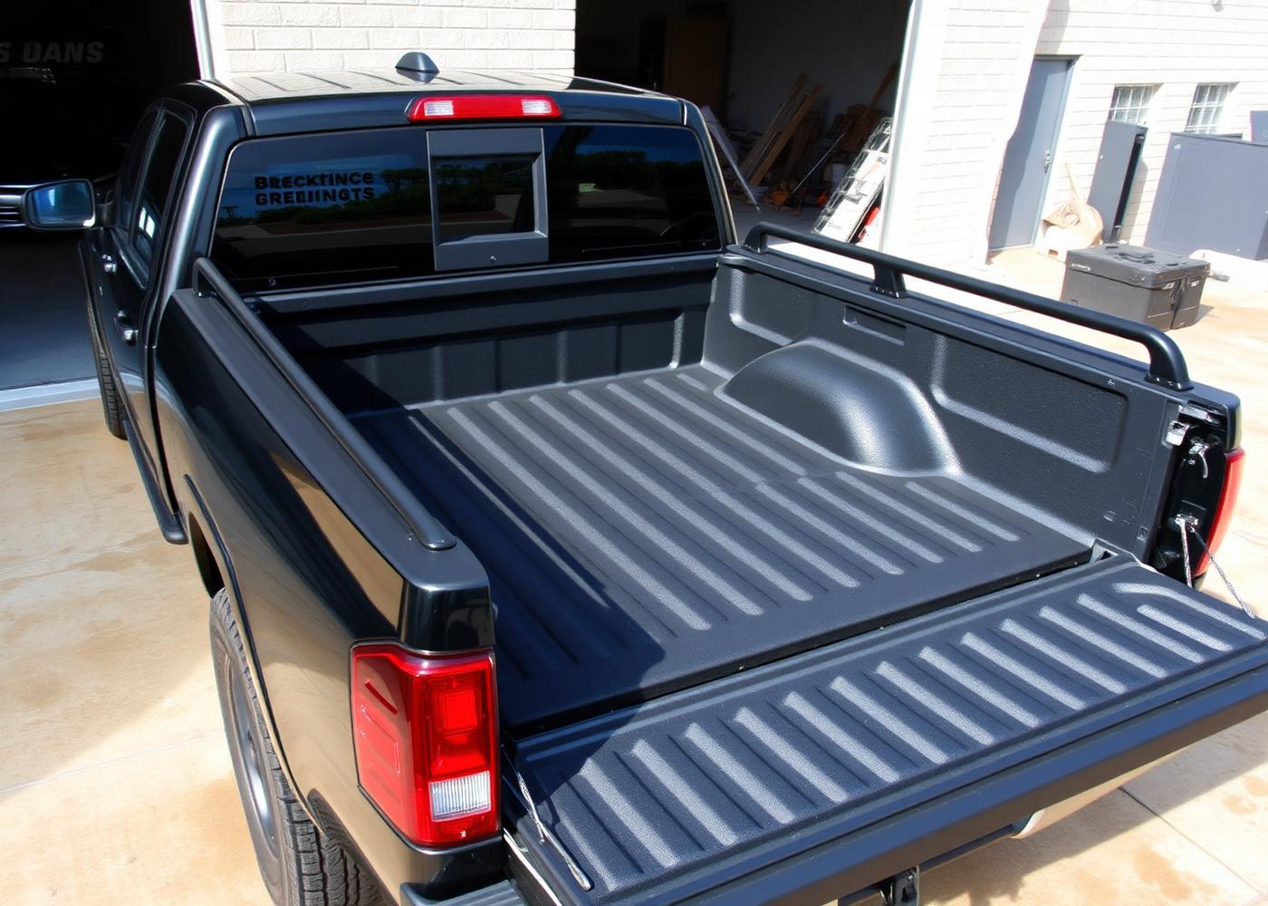 Truck bed with spray-in bedliner and rack